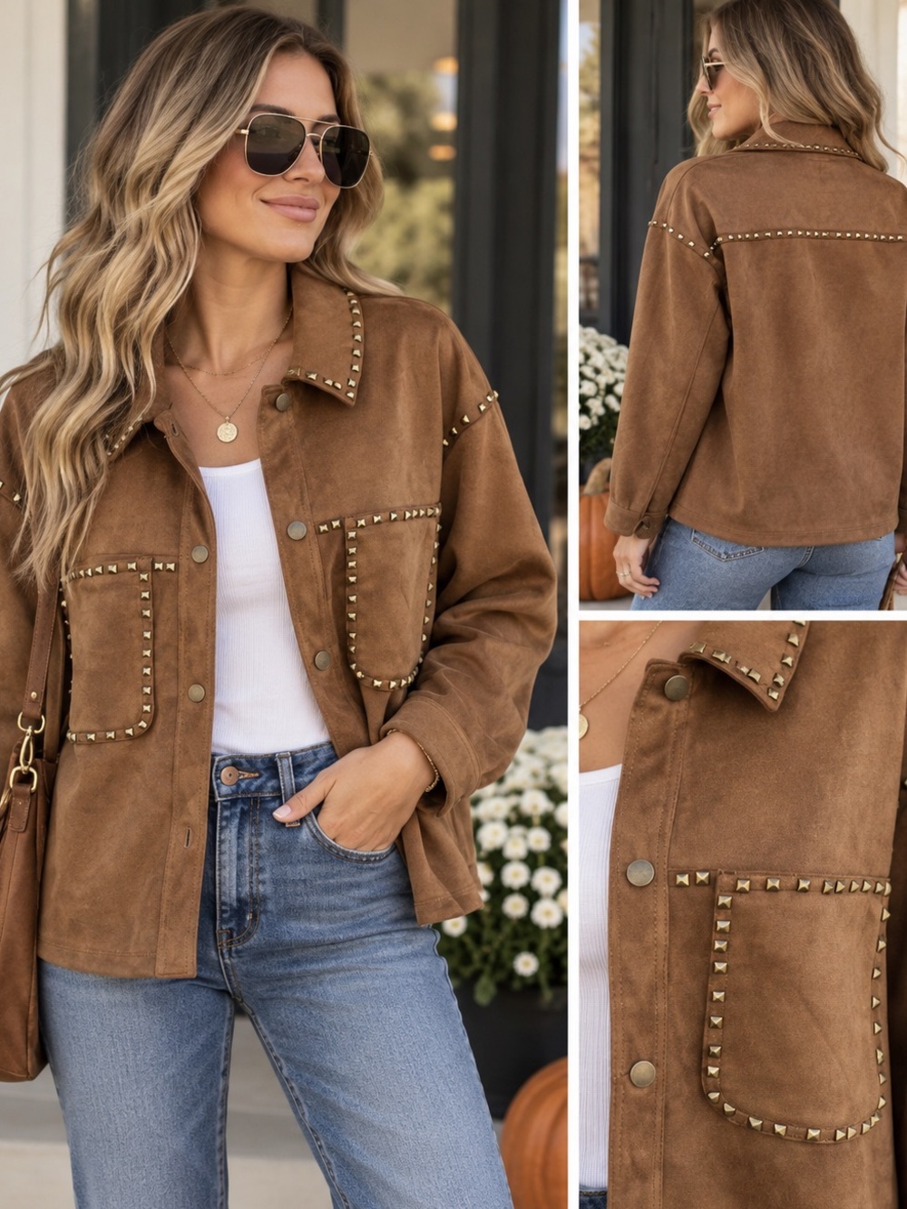 Vigoss Brown Faux‎ Suede Studded Western Shacket Jacket